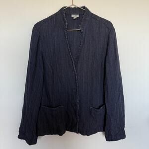 J. Jill Linen Blend Denim Jacket Blazer 16 Blue Fringe Pockets Buttons Lagenlook